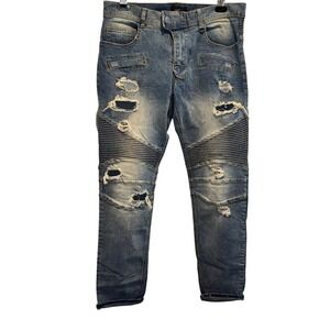 Kayden K Moto Biker‎ Jeans Mens 34x32 Blue Distressed Ribbed Skinny Denim Pants